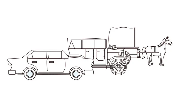 Классические автомобили и конные экипажи в черно-белом — стоковый вектор
