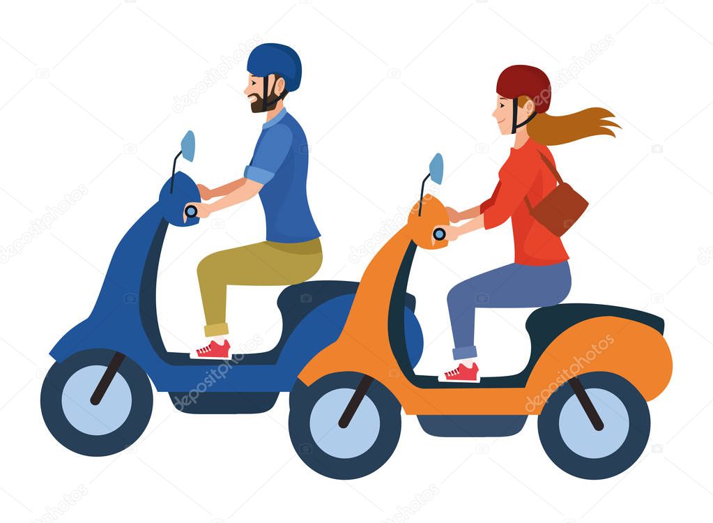 People riding scooters motorcycles cartoon