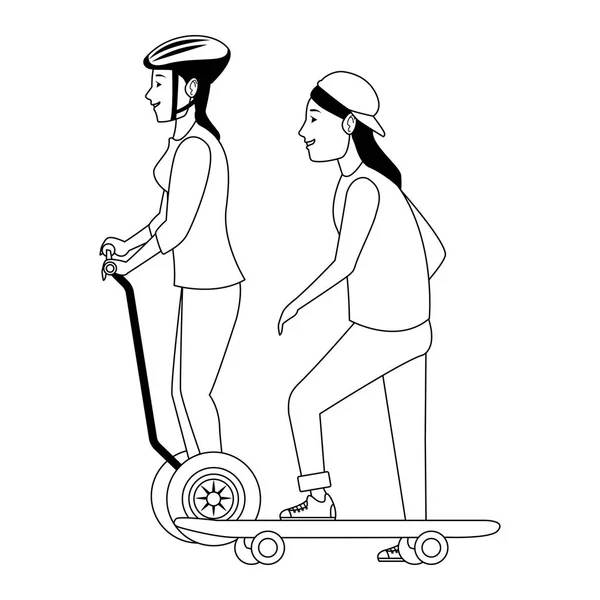 Amigos con monopatín y scooter en blanco y negro — Vector de stock