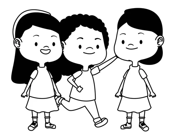 Lindos niños felices que se divierten dibujos animados en blanco y negro — Vector de stock