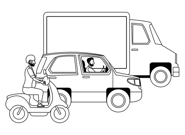 Vehículos y motocicletas con conductores en blanco y negro — Vector de stock