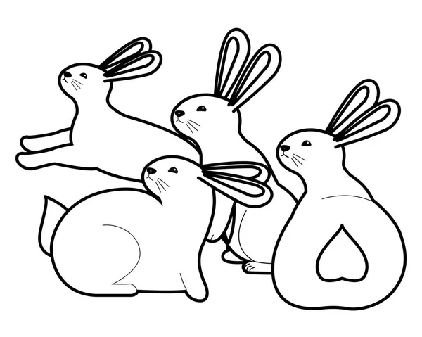 Schattige drie konijnen dieren cartoons in zwart-wit — Stockvector