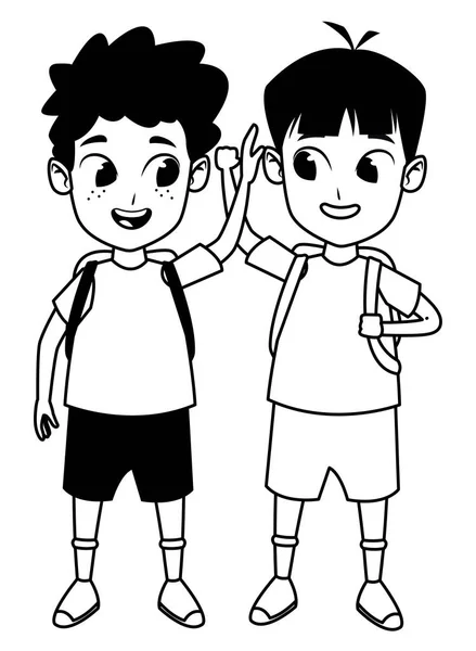 Caricatura de los estudiantes de la escuela adorable de la infancia en blanco y negro — Vector de stock