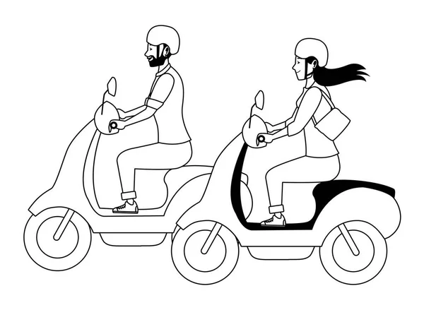 Personas montando scooters motocicletas de dibujos animados en blanco y negro — Vector de stock