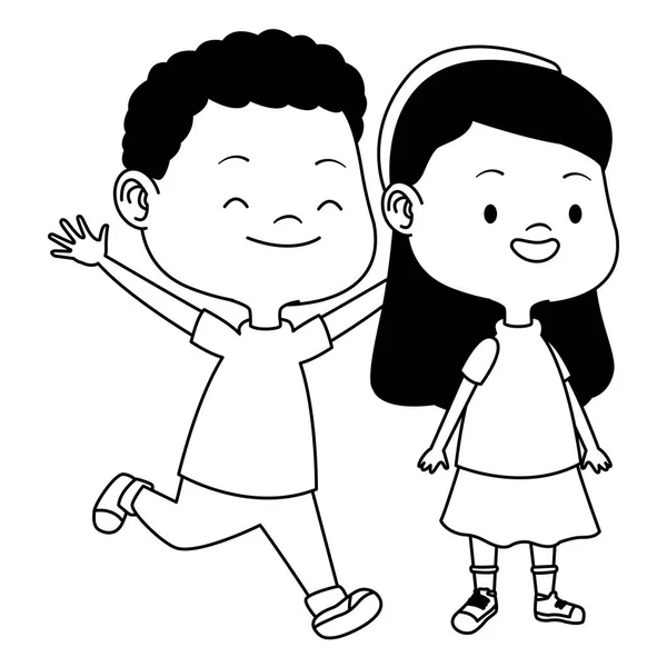 Lindos niños felices que se divierten dibujos animados en blanco y negro — Vector de stock