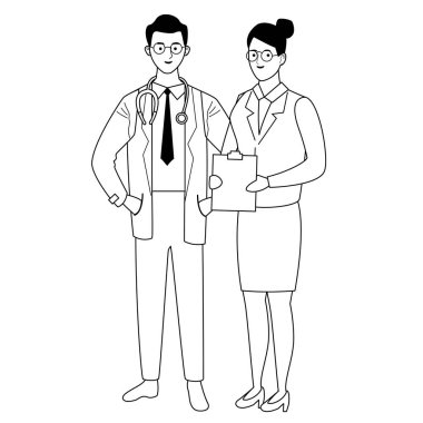 Profesyoneller işçi çift siyah beyaz karikatürler gülümseyen