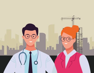 Profesyoneller işçiler çift gülümseyen karikatürler