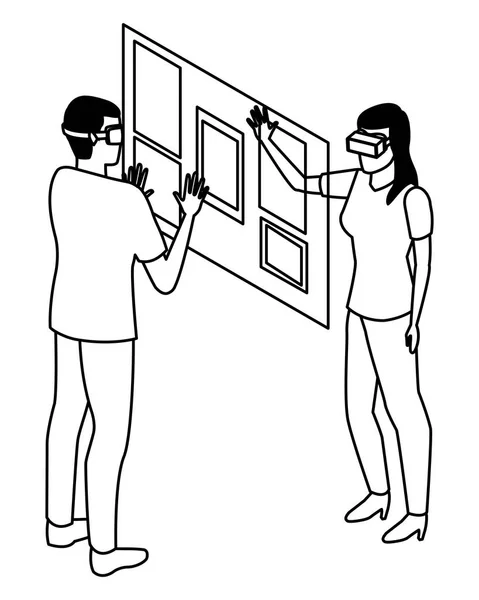 Realidad virtual tecnología experiencia de dibujos animados en blanco y negro — Vector de stock