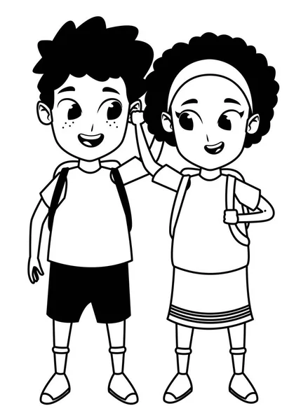 Adorable lindo niños dibujos animados de la infancia en blanco y negro — Vector de stock