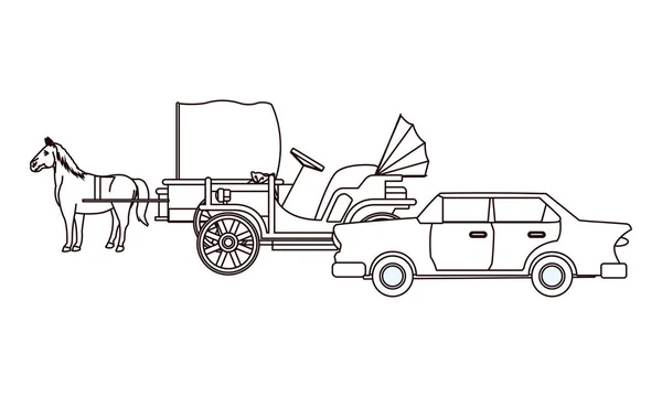 Классические автомобили и конные экипажи в черно-белом — стоковый вектор