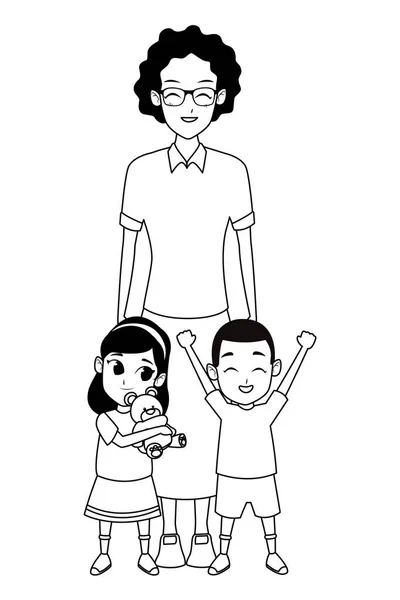 Keluarga orang tua dan anak-anak kartun dalam hitam dan putih - Stok Vektor
