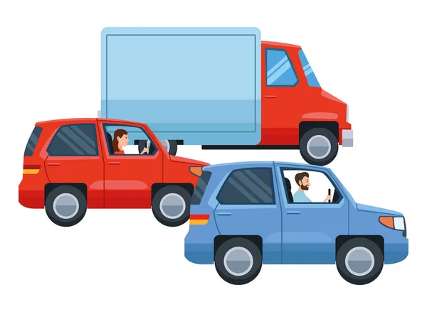 Personas que conducen vehículos en el tráfico — Vector de stock