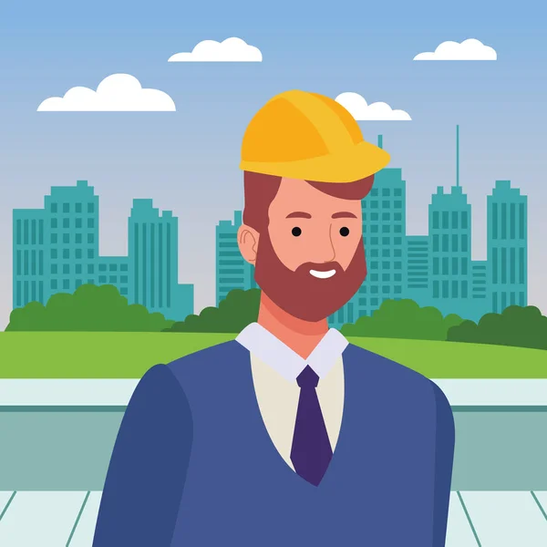 Obrero de la construcción con casco y barba cara de dibujos animados — Vector de stock