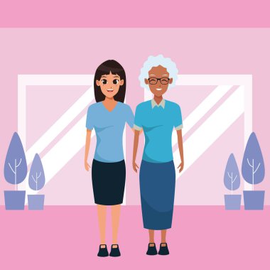 Anne ve yetişkin kızı birlikte karikatür