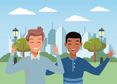 İki erkek arkadaş gülümseyerek ve selamlıyorum