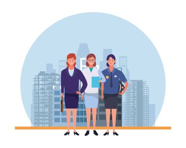 Profesyoneller işçi karakterleri gülümseyen karikatürler yuvarlak simgesi