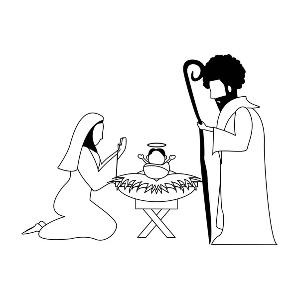 Merry Christmas födelse kristen tecknad i svart och vitt — Stock vektor