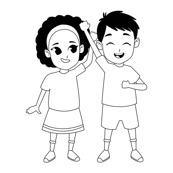 Niños pequeños que se divierten y sonríen dibujos animados en blanco y negro — Vector de stock