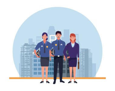 Profesyoneller işçi karakterleri gülümseyen karikatürler yuvarlak simgesi