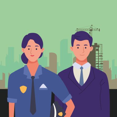 Profesyoneller işçiler çift gülümseyen karikatürler