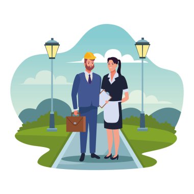 Profesyoneller işçiler çift gülümseyen karikatürler