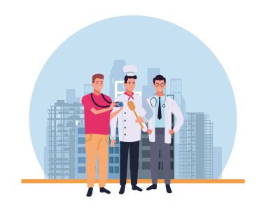 Profesyoneller işçi karakterleri gülümseyen karikatürler yuvarlak simgesi