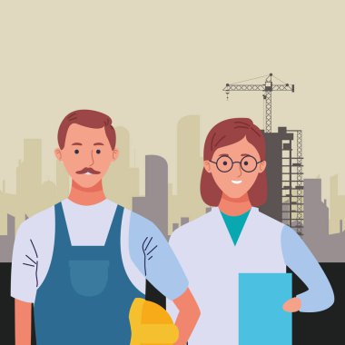 Profesyoneller işçiler çift gülümseyen karikatürler