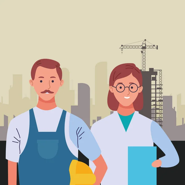 Profesionales trabajadores pareja sonriendo dibujos animados — Vector de stock