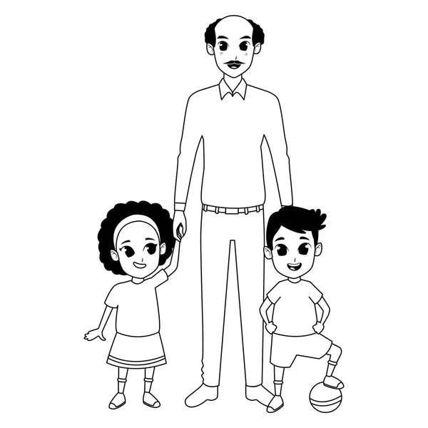 Los padres de familia y los niños dibujos animados en blanco y negro — Vector de stock
