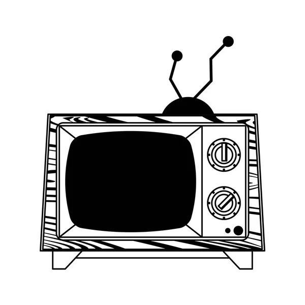 Old television with antenna vintage technology in black and white — Stock Vector