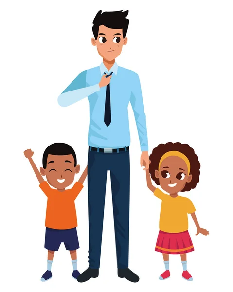 家庭 单身 父亲 与 afro 男孩和女孩 — 图库矢量图片