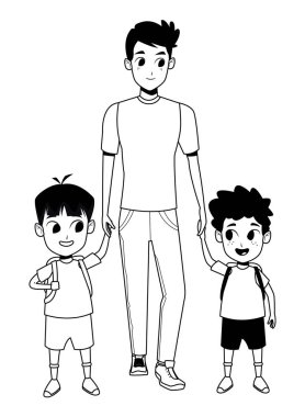Siyah beyaz çocukkarikatür ile Aile tek ebeveyn