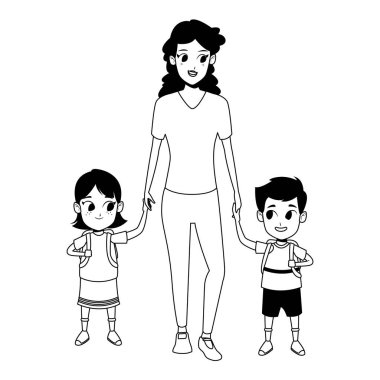 Siyah beyaz çocukkarikatür ile Aile tek ebeveyn