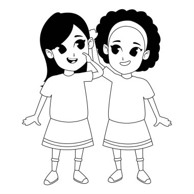 Siyah beyaz eğlenceli ve gülümseyen karikatürler sahip küçük çocuklar