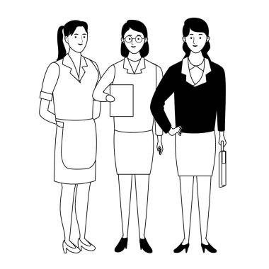 Profesyoneller işçi karakterleri siyah beyaz karikatürler gülümseyen