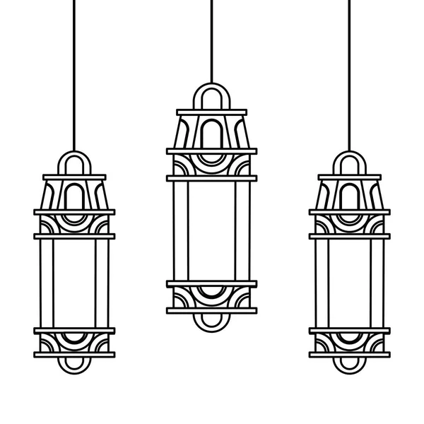 Lanternas decoração festival lâmpadas desenhos animados em preto e branco — Vetor de Stock