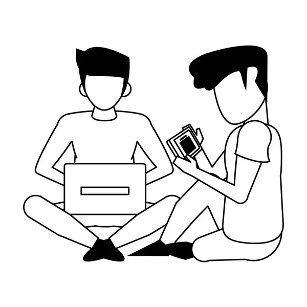 Hombres utilizando la tecnología dispositivos de dibujos animados en blanco y negro — Archivo Imágenes Vectoriales