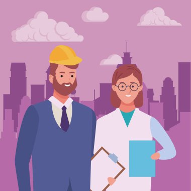 Profesyoneller işçiler çift gülümseyen karikatürler