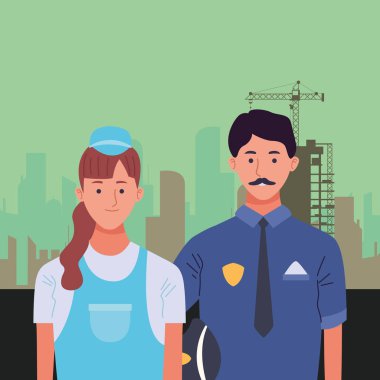 Profesyoneller işçiler çift gülümseyen karikatürler