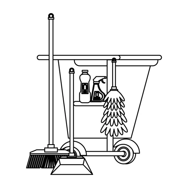 Set von Reinigungsgeräten und Produkten in schwarz und weiß — Stockvektor