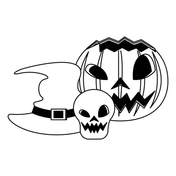 Halloween octobre effrayant dessin animé de célébration en noir et blanc — Image vectorielle