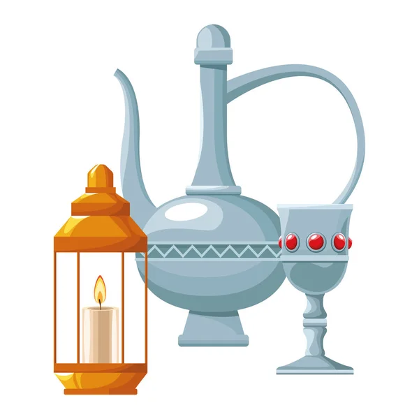 Lâmpada mágica com cálice de luxo e lanterna com vela — Vetor de Stock