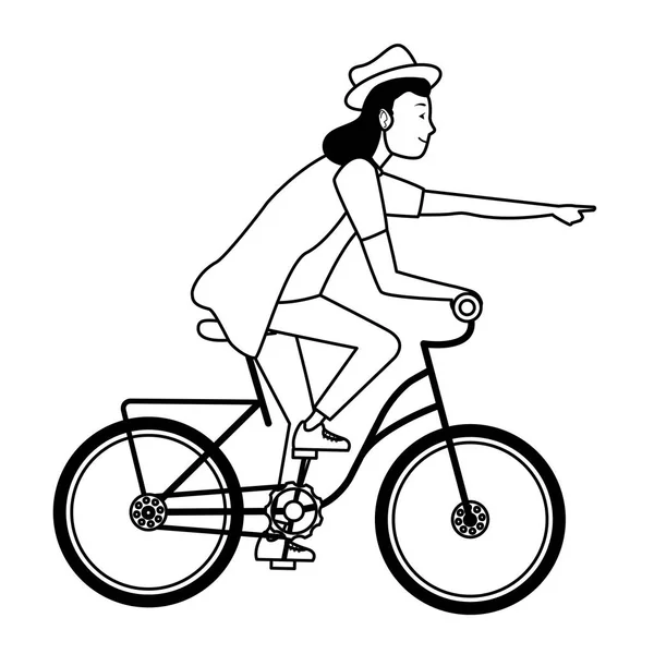 Mujer joven montando en bicicleta de dibujos animados en blanco y negro — Vector de stock