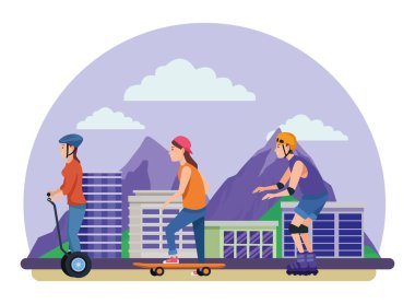 Scooter ve kaykay ile insanlar