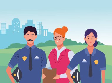 Profesyoneller işçi karakterleri çizgi film gülümseyen