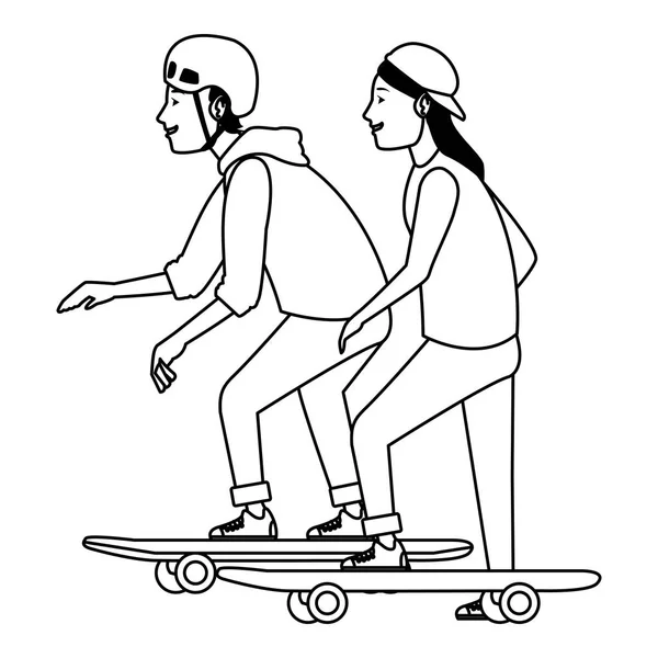 Paar auf Skateboards Extremsport Cartoon in schwarz-weiß — Stockvektor