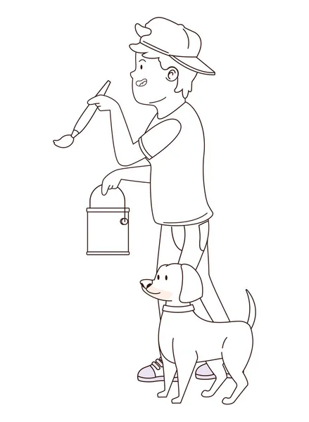 Adolescente sonriendo y paseando la caricatura del perro en blanco y negro — Vector de stock