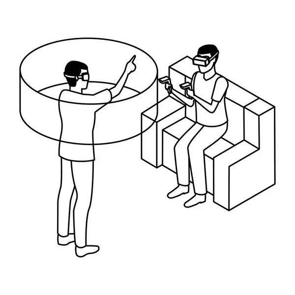 Virtuális valóság technológiai tapasztalat karikatúra, fekete-fehér — Stock Vector