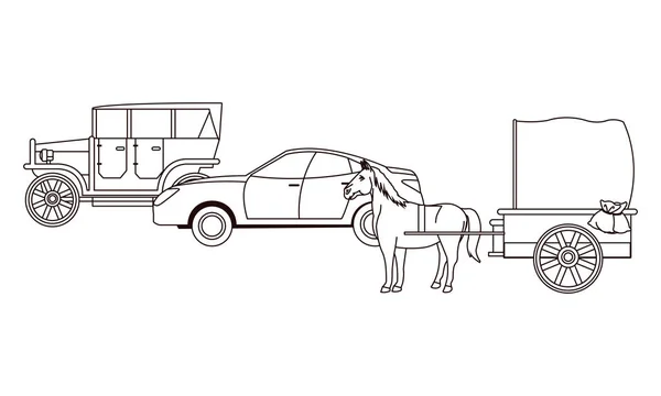 Carros clássicos e veículos de carruagens a cavalo em preto e branco — Vetor de Stock