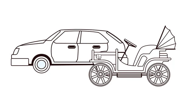 Vintage e clássico com veículos de carros modernos em preto e branco — Vetor de Stock